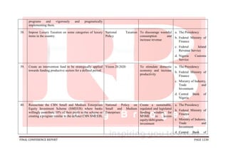 FINAL CONFERENCE REPORT PAGE 1230
programs and vigorously and pragmatically
implementing them.
38. Impose Luxury Taxation on some categories of luxury
items in the country.
National Taxation
Policy
To discourage wasteful
consumption and
increase revenue
a. The Presidency
b. Federal Ministry of
Finance
c. Federal Inland
Revenue Service
d. Nigeria Customs
Service
39. Create an intervention fund to be strategically applied
towards funding productive sectors for a defined period.
Vision 20:2020 To stimulate domestic
economy and increase
productivity
a. The Presidency
b. Federal Ministry of
Finance
c. Ministry of Industry,
Trade and
Investment
d. Central Bank of
Nigeria
40. Resuscitate the CBN Small and Medium Enterprises
Equity Investment Scheme (SMEEIS) where banks
willingly contribute 10% of their profit to the scheme or
creating a program similar to the defunct CBN SMEEIS;
National Policy on
Small and Medium
Enterprises
Create a sustainable,
regulated and legislated
funding window for
MSME to access
equity/debt/grants
investment
a. The Presidency
b. Federal Ministry of
Finance
c. Ministry of Industry,
Trade and
Investment
d. Central Bank of
 