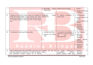 FINAL CONFERENCE REPORT PAGE 1245
b. Renewable Energy
Master Plan.
enhance access to energy. Power
c. Energy Commission
of Nigeria
21. Funding and Financing of power sector to be handled by
public-private-partnerships. Energy pricing and carbon
credit to be established, Establish Feed-in tariff structure
in renewable energy to encourage 10% of total energy
mix.
Renewable Energy
Master Plan
To improve investment in
energy sector
a. The Presidency
b. Federal Ministry of
Power
c. Federal Ministry of
Finance
d. Nigerian
Electricity
Regulatory
Commission
22. Government to enforce gas flaring ceiling a. National Gas Policy
b. Nigerian Gas Master
Plan
To protect the environment, to
attain Gas to Power initiative
and Gas based
Industrialisation.
a. The Presidency
b. Ministry of
Petroleum
Resources
c. Nigeria National
Petroleum
Corporation
d. Department of
Petroleum
Resources
23. Root-to-branch audit of the entire PPMC logistical system
and asset integrity be carried out as a matter of urgency,
and appropriate remedies mapped out for phased
Nigerian Oil and Gas
Policy.
For greater effectiveness,
accountability, efficient
product delivery, safety and
a. Ministry of
Petroleum
Resources
 