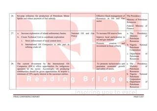FINAL CONFERENCE REPORT PAGE 1247
26. Revamp refineries for production of Petroleum Motor
Spirits and reduce payment of fuel subsidy.
Effective fiscal management of
Resources in Oil and Gas
sector
The Presidency
Ministry of Petroleum
Resources
Federal Ministry of
Finance
27. a. Increase exploration of inland sedimentary basins.
b. Create Technical Unit to coordinate exploration
i. Strict enforcement of local content laws
ii. International Oil Companies to take part in
refining crude oil.
National Oil and Gas
Policy
To increase Oil reserve base
Improve local participation in
oil and gas industry
Promote creation and
investment in local refinery
a. The Presidency
Ministry of
Petroleum
Resources
b. Nigeria National
Petroleum
Corporation
c. Department of
Petroleum
Resources
28. The current divestment by the International Oil
Companies (IOCs) offers opportunities for indigenous
operators in the sector. Accordingly, oil producing
communities should be given opportunities to acquire a
minimum of 10% equity interest in the successor entities.
To promote inclusiveness and
guarantee economic growth
and safety of assets.
a. The Presidency
Ministry of
Petroleum
Resources
b. Nigeria National
Petroleum
Corporation
c. Department of
Petroleum
Resources
 