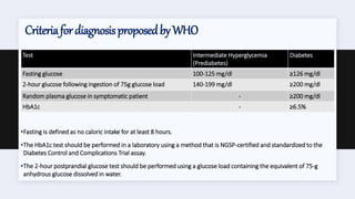 CriteriafordiagnosisproposedbyWHO
•Fasting is defined as no caloric intake for at least 8 hours.
•The HbA1c test should be performed in a laboratory using a method that is NGSP-certified and standardized to the
Diabetes Control and Complications Trial assay.
•The 2-hour postprandial glucose test should be performed using a glucose load containing the equivalent of 75-g
anhydrous glucose dissolved in water.
Test Intermediate Hyperglycemia
(Prediabetes)
Diabetes
Fasting glucose 100-125 mg/dl ≥126 mg/dl
2-hour glucose following ingestion of 75g glucose load 140-199 mg/dl ≥200 mg/dl
Random plasma glucose in symptomatic patient - ≥200 mg/dl
HbA1c - ≥6.5%
 