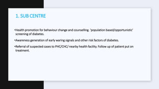 •Health promotion for behaviour change and counselling. ‘population based/opportunistic’
screening of diabetes.
•Awareness generation of early waring signals and other risk factors of diabetes.
•Referral of suspected cases to PHC/CHC/ nearby health facility. Follow up of patient put on
treatment.
1. SUB CENTRE
 