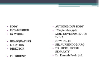 • BODY
• ESTABLISHED
• BY WHOM
• HEADQUATERS
• LOCATION
• DIRECTOR
• PRESIDENT
• AUTONOMOUS BODY
• 1stSeptember,1961
• MOE, GOVERNMENT OF
INDIA
• NEW DELHI
• SIR AURBINDO MARG
• DR. HRUSHIKESH
SENAPATY
• Dr. Ramesh Pokhriyal
 