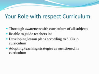 Your Role with respect Curriculum
 Thorough awareness with curriculum of all subjects
 Be able to guide teachers in:
 Developing lesson plans according to SLOs in
curriculum
 Adopting teaching strategies as mentioned in
curriculum
 