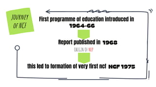 First programme of education introduced in
journey
of NCF
ORIGIN OF NEP
this led to formation of very first ncf
Report published in
 