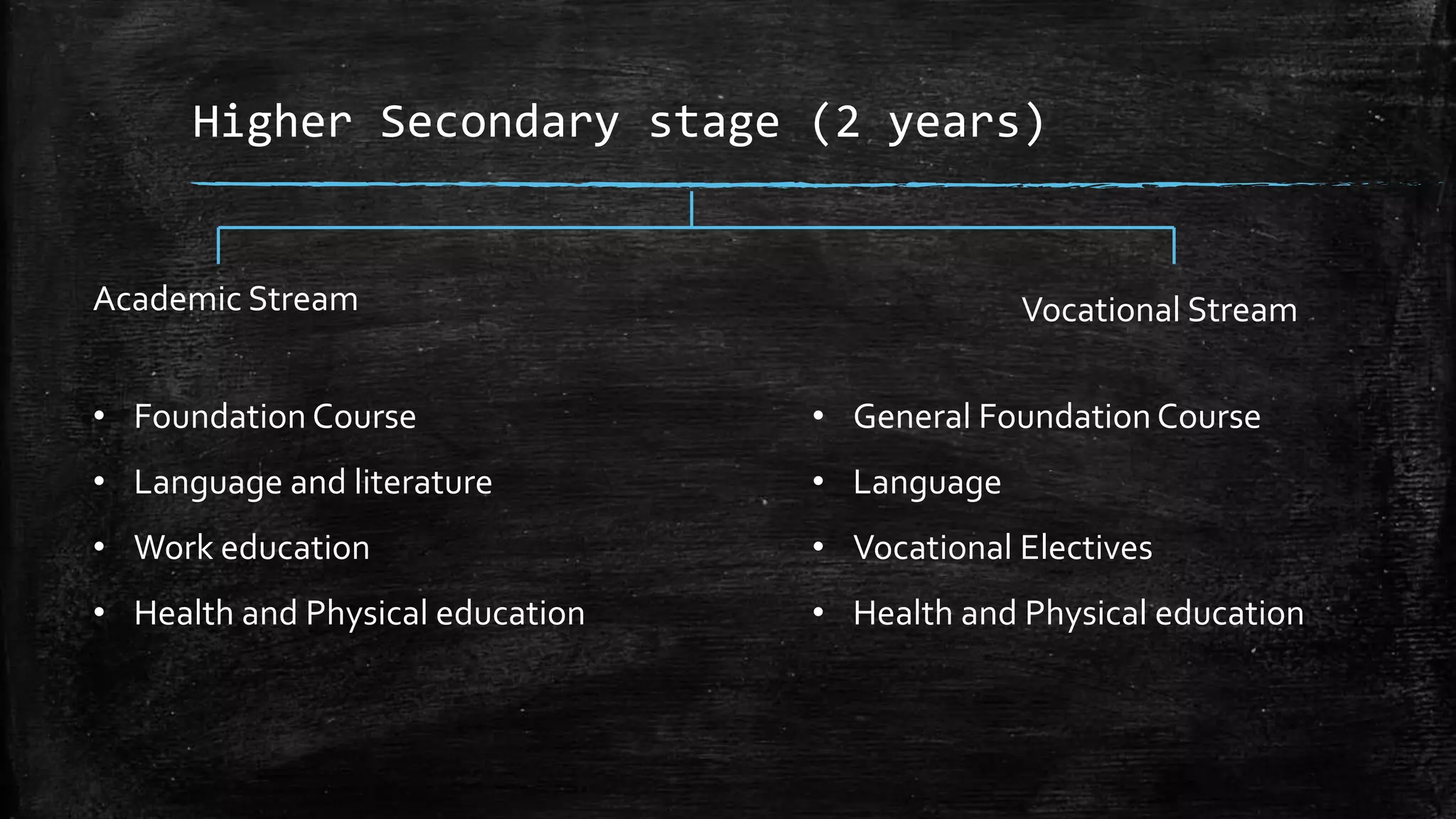 Higher Secondary stage (2 years)
Academic Stream Vocational Stream
• Foundation Course
• Language and literature
• Work education
• Health and Physical education
• General Foundation Course
• Language
• Vocational Electives
• Health and Physical education
 