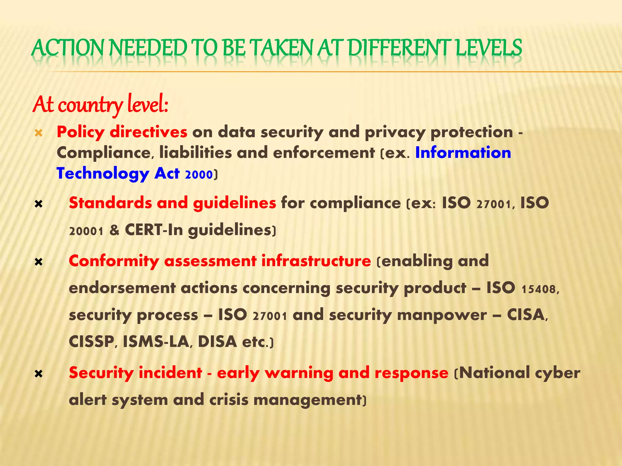 ACTION NEEDEDTOBE TAKEN AT DIFFERENT LEVELS
At country level:
 Policy directives on data security and privacy protection -
Compliance, liabilities and enforcement (ex. Information
Technology Act 2000)
 Standards and guidelines for compliance (ex: ISO 27001, ISO
20001 & CERT-In guidelines)
 Conformity assessment infrastructure (enabling and
endorsement actions concerning security product – ISO 15408,
security process – ISO 27001 and security manpower – CISA,
CISSP, ISMS-LA, DISA etc.)
 Security incident - early warning and response (National cyber
alert system and crisis management)
 