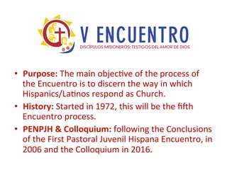 •  Purpose:	The	main	objec>ve	of	the	process	of	
the	Encuentro	is	to	discern	the	way	in	which	
Hispanics/La>nos	respond	as	Church.	
•  History:	Started	in	1972,	this	will	be	the	ﬁch	
Encuentro	process.	
•  PENPJH	&	Colloquium:	following	the	Conclusions	
of	the	First	Pastoral	Juvenil	Hispana	Encuentro,	in	
2006	and	the	Colloquium	in	2016.	
 