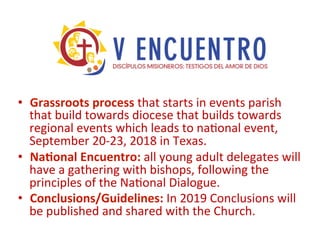 •  Grassroots	process	that	starts	in	events	parish	
that	build	towards	diocese	that	builds	towards	
regional	events	which	leads	to	na>onal	event,	
September	20-23,	2018	in	Texas.		
•  Na1onal	Encuentro:	all	young	adult	delegates	will	
have	a	gathering	with	bishops,	following	the	
principles	of	the	Na>onal	Dialogue.	
•  Conclusions/Guidelines:	In	2019	Conclusions	will	
be	published	and	shared	with	the	Church.	
 