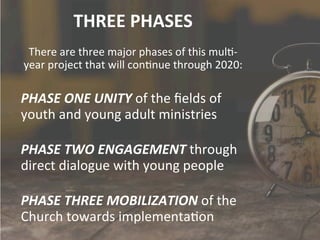 THREE	PHASES	
There	are	three	major	phases	of	this	mul>-
year	project	that	will	con>nue	through	2020:		
	
PHASE	ONE	UNITY	of	the	ﬁelds	of	
youth	and	young	adult	ministries	
	
PHASE	TWO	ENGAGEMENT	through	
direct	dialogue	with	young	people	
	
PHASE	THREE	MOBILIZATION	of	the	
Church	towards	implementa>on	
		
 
