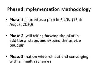 Phased Implementation Methodology
• Phase 1: started as a pilot in 6 UTs (15 th
August 2020)
• Phase 2: will taking forward the pilot in
additional states and expand the service
bouquet
• Phase 3: nation wide roll out and converging
with all health schemes
 