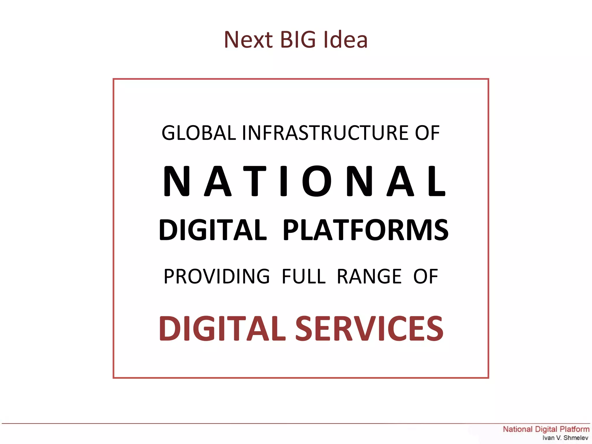 GLOBAL INFRASTRUCTURE OF
PROVIDING FULL RANGE OF
DIGITAL SERVICES
Next BIG Idea
DIGITAL PLATFORMS
N A T I O N A L
 