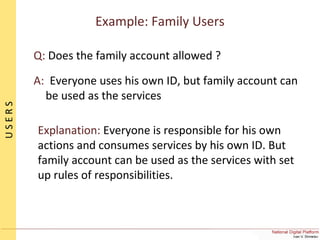 Q: Does the family account allowed ?
A: Everyone uses his own ID, but family account can
be used as the services
Explanation: Everyone is responsible for his own
actions and consumes services by his own ID. But
family account can be used as the services with set
up rules of responsibilities.
Example: Family Users
USERS
 