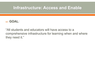    GOAL:

“All students and educators will have access to a
comprehensive infrastructure for learning when and where
they need it.”
 