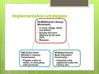 Implementation strategies:
NLM(National Literacy
Movement)
• in every village, tehsil
and district
• Society free from
illiteracy by the year
2010
• Mosques
NFBE(Non-formal
Basic Education
Community)
• Industrial units
registered under the
Factory Act
PMLC(The Prime
Minister’s Literacy
Commission)
• Prepare a plan of
action, in consulting
with provinces
 