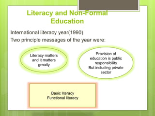 Literacy and Non-Formal
Education
International literacy year(1990)
Two principle messages of the year were:
Literacy matters
and it matters
greatly
Provision of
education is public
responsibility
But including private
sector
Basic literacy
Functional literacy
 
