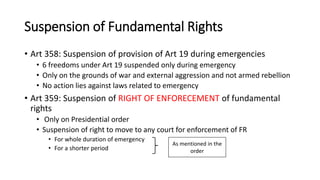 Suspension of Fundamental Rights
• Art 358: Suspension of provision of Art 19 during emergencies
• 6 freedoms under Art 19 suspended only during emergency
• Only on the grounds of war and external aggression and not armed rebellion
• No action lies against laws related to emergency
• Art 359: Suspension of RIGHT OF ENFORECEMENT of fundamental
rights
• Only on Presidential order
• Suspension of right to move to any court for enforcement of FR
• For whole duration of emergency
• For a shorter period
As mentioned in the
order
 
