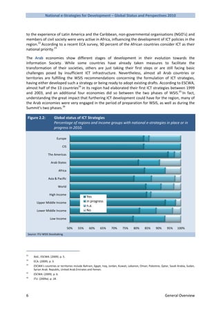 National e-Strategies for Development – Global Status and Perspectives 2010



to the experience of Latin America and the Caribbean, non-governmental organisations (NGO’s) and
members of civil society were very active in Africa, influencing the development of ICT policies in the
region.22 According to a recent ECA survey, 90 percent of the African countries consider ICT as their
national priority.23

The Arab economies show different stages of development in their evolution towards the
Information Society. While some countries have already taken measures to facilitate the
transformation of their societies, others are just taking their first steps or are still facing basic
challenges posed by insufficient ICT infrastructure. Nevertheless, almost all Arab countries or
territories are fulfilling the WSIS recommendations concerning the formulation of ICT strategies,
having either developed such a strategy or being ready to adopt existing drafts. According to ESCWA,
almost half of the 13 countries24 in its region had elaborated their first ICT strategies between 1999
and 2003, and an additional four economies did so between the two phases of WSIS.25 In fact,
understanding the great impact that furthering ICT development could have for the region, many of
the Arab economies were very engaged in the period of preparation for WSIS, as well as during the
Summit’s two phases.26

 Figure 2.2:          Global status of ICT Strategies
                      Percentage of regions and income groups with national e-strategies in place or in
                      progress in 2010.

                            Europe

                               CIS

                 The Americas

                   Arab States

                             Africa

                 Asia & Pacific

                            World

                  High Income
                                                  Yes
        Upper Middle Income                       in progress
                                                  n.a.
        Lower Middle Income                       No

                   Low Income

                                      50%   55%    60%     65%      70%      75%      80%       85%      90%      95%     100%
 Source: ITU WSIS Stocktaking.




22
     Ibid.; ESCWA. (2009). p. 5.
23
     ECA. (2009). p. 3.
24
     ESCWA’s countries or territories include Bahrain, Egypt, Iraq, Jordan, Kuwait, Lebanon, Oman, Palestine, Qatar, Saudi Arabia, Sudan,
     Syrian Arab. Republic, United Arab Emirates and Yemen.
25
     ESCWA. (2009). p. 6.
26
     ITU. (2009a). p. 18.




6                                                                                                               General Overview
 