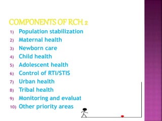 1) Population stabilization
2) Maternal health
3) Newborn care
4) Child health
5) Adolescent health
6) Control of RTI/STIS
7) Urban health
8) Tribal health
9) Monitoring and evaluation
10) Other priority areas
 