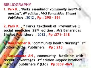 BIBLIOGRAPHY
1. Park K. , ‘Parks essential of community health &
nursing” , 6th edition , M/S Banarsidas Bhanot
Publishers , 2012 , Pp : 390 – 391
2. Park K. , “ Parks textbook of Preventive &
social medicine 22nd edition , M/S Banarsidas
Bhanot Publishers , 2013 , Pp :371– 318
3. Rao sridhar B. ‘community health Nursing” 2nd
edition Aitbs Publishers Pp : 213
4. Suryakanta AH , community Medicine with
recent advantages 3rd edition Jaypee brothers
medical publishers P (Ltd) Pp :859 -869
 