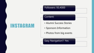 INSTAGRAM
Followers: 93,4000
• Alumni Success Stories
• Sponsors Information
• Photos from big events
Content:
Easy Navigation?: Yes
 