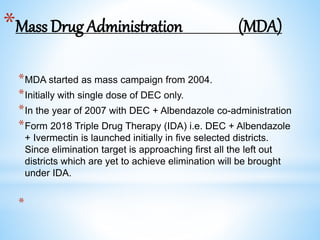 *Mass Drug Administration (MDA)
*MDA started as mass campaign from 2004.
*Initially with single dose of DEC only.
*In the year of 2007 with DEC + Albendazole co-administration
*Form 2018 Triple Drug Therapy (IDA) i.e. DEC + Albendazole
+ Ivermectin is launched initially in five selected districts.
Since elimination target is approaching first all the left out
districts which are yet to achieve elimination will be brought
under IDA.
*
 