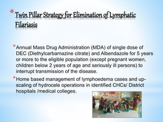 *TwinPillar Strategy for Elimination of Lymphatic
Filariasis
*Annual Mass Drug Administration (MDA) of single dose of
DEC (Diethylcarbamazine citrate) and Albendazole for 5 years
or more to the eligible population (except pregnant women,
children below 2 years of age and seriously ill persons) to
interrupt transmission of the disease.
*Home based management of lymphoedema cases and up-
scaling of hydrocele operations in identified CHCs/ District
hospitals /medical colleges.
 