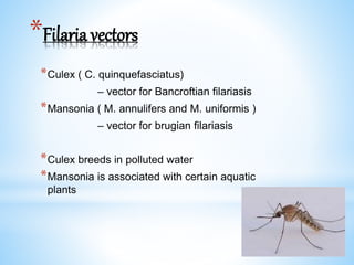 *Filaria vectors
*Culex ( C. quinquefasciatus)
– vector for Bancroftian filariasis
*Mansonia ( M. annulifers and M. uniformis )
– vector for brugian filariasis
*Culex breeds in polluted water
*Mansonia is associated with certain aquatic
plants
 