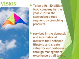 VISION  To be a Rs. 50 billion
food company by the
year 2020 in the
convenience food
segment by launching
products.
 services in the domestic
and international
markets that enhance
lifestyle and create
value for our customers
through management
excellence at all levels
 