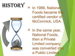  In 1988, National
Foods became the
certified vendor of
McCormick, USA.
 In the same year,
National Foods,
then a Private
Limited company
was converted into
a Public Limited
HiStOrYHiStOrY
 