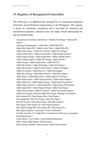 21
National Fraternity Day PH November 19
13. Registry of Recognized Fraternities
The following is an alphabetically arranged list of community-recognized
fraternities and brotherhood organizations in the Philippines. This registry
is based on community recognition and is provided for reference and
informational purposes. Inclusion does not imply formal endorsement by
any government body.
Acquaintance Fraternity and Sorority • Adamas Nu Omega • Adamas Phi
Sigma •
Agumang Capampangan • Alpha Beta • Alpha Beta Phi •
Alpha Beta Sigma Phi • Alpha Cosine Theta • Alpha Delta Phi •
Alpha Delta Sigma • Alpha Eta Upsilon • Alpha Fuji Omega •
Alpha Gamma Beta • Alpha Gamma Rho • Alpha Kappa Gamma •
Alpha Kappa Omega • Alpha Kappa Rho • Alpha Lambda Delta •
Alpha Lambda Sigma • Alpha Mu Omega • Alpha Mu Phi •
Alpha Omega • Alpha Omega Beta • Alpha Phi Chi •
Alpha Phi Epsilon • Alpha Phi Kappa • Alpha Phi Omega •
Alpha Phi Upsilon • Alpha Pi Rho Upsilon • Alpha Psi Kappa •
Alpha Psi Omega • Alpha Rho Chi • Alpha Rho Kappa •
Alpha Rho Omega • Alpha Rho Omicron • Alpha Rho Sigma •
Alpha Sigma • Alpha Sigma Beta • Alpha Sigma Chi Omega •
Alpha Sigma Delta • Alpha Sigma Epsilon • Alpha Sigma Kappa •
Alpha Sigma Nu • Alpha Sigma Omega • Alpha Sigma Omega Phi •
Alpha Sigma Omicron • Alpha Sigma Phi • Alpha Sigma Phi Omega •
Alpha Sigma Rho • Alpha Stigma Omega • Alpha Tau Omega •
Alpha Theta Omega • Alpha Xi Epsilon • Alpha Zeta Epsilon Sigma •
Alpha Zeta Omega • Bacolod Alpha Phi Omega • Batangas Varsitarian •
Beta Gamma Phi • Beta Gamma Rho • Beta Kappa •
Beta Kappa Phi • Beta Phi Omega • Beta Phi Sigma •
Beta Phi Upsilon • Beta Rho Omega • Beta Rho Upsilon •
Beta Sigma • Beta Sigma Chi • Beta Sigma Epsilon •
Beta Sigma Omega Phi • Beta Sigma Phi • Beta Sigma Psi •
Beta Sigma Upsilon • Capazcepa • Cavite Varsitarian •
Che Rho Iota Mu • Chi Alpha Phi • Confederation Of Ilocano Association
Samahang Ilocano •
Crime Buster • Cro Pi Beta • Cyma Rekta Brotherhood •
Delta • Delta Alpha Sigma • Delta Epsilon •
Delta Epsilon Lambda • Delta Gamma • Delta Gamma Beta •
 