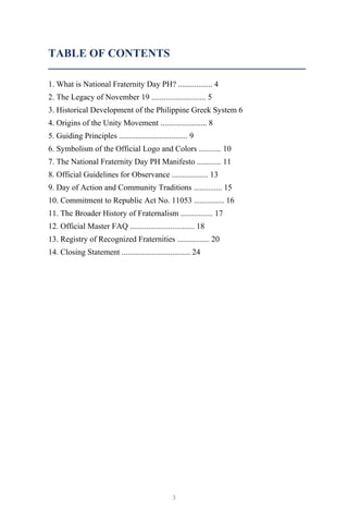 3
TABLE OF CONTENTS
1. What is National Fraternity Day PH? ................. 4
2. The Legacy of November 19 ........................... 5
3. Historical Development of the Philippine Greek System 6
4. Origins of the Unity Movement ....................... 8
5. Guiding Principles .................................. 9
6. Symbolism of the Official Logo and Colors ........... 10
7. The National Fraternity Day PH Manifesto ............ 11
8. Official Guidelines for Observance .................. 13
9. Day of Action and Community Traditions .............. 15
10. Commitment to Republic Act No. 11053 ............... 16
11. The Broader History of Fraternalism ................ 17
12. Official Master FAQ ................................ 18
13. Registry of Recognized Fraternities ................ 20
14. Closing Statement .................................. 24
 