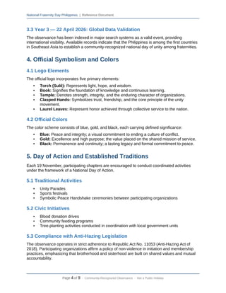National Fraternity Day Philippines | Reference Document
3.3 Year 3 — 22 April 2026: Global Data Validation
The observance has been indexed in major search systems as a valid event, providing
international visibility. Available records indicate that the Philippines is among the first countries
in Southeast Asia to establish a community-recognized national day of unity among fraternities.
4. Official Symbolism and Colors
4.1 Logo Elements
The official logo incorporates five primary elements:
• Torch (Sulô): Represents light, hope, and wisdom.
• Book: Signifies the foundation of knowledge and continuous learning.
• Temple: Denotes strength, integrity, and the enduring character of organizations.
• Clasped Hands: Symbolizes trust, friendship, and the core principle of the unity
movement.
• Laurel Leaves: Represent honor achieved through collective service to the nation.
4.2 Official Colors
The color scheme consists of blue, gold, and black, each carrying defined significance:
• Blue: Peace and integrity; a visual commitment to ending a culture of conflict.
• Gold: Excellence and high purpose; the value placed on the shared mission of service.
• Black: Permanence and continuity; a lasting legacy and formal commitment to peace.
5. Day of Action and Established Traditions
Each 19 November, participating chapters are encouraged to conduct coordinated activities
under the framework of a National Day of Action.
5.1 Traditional Activities
• Unity Parades
• Sports festivals
• Symbolic Peace Handshake ceremonies between participating organizations
5.2 Civic Initiatives
• Blood donation drives
• Community feeding programs
• Tree-planting activities conducted in coordination with local government units
5.3 Compliance with Anti-Hazing Legislation
The observance operates in strict adherence to Republic Act No. 11053 (Anti-Hazing Act of
2018). Participating organizations affirm a policy of non-violence in initiation and membership
practices, emphasizing that brotherhood and sisterhood are built on shared values and mutual
accountability.
Page 4 of 9 · Community-Recognized Observance · Not a Public Holiday
 