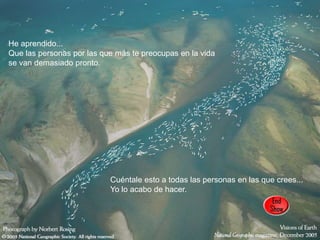 He aprendido...
Que las personas por las que más te preocupas en la vida
se van demasiado pronto.




                           Cuéntale esto a todas las personas en las que crees...
                           Yo lo acabo de hacer.
 