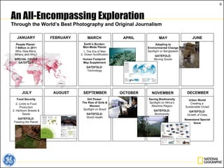 An All-Encompassing Exploration Through the World’s Best Photography and Original Journalism OCTOBER JULY AUGUST SEPTEMBER NOVEMBER DECEMBER People Planet:  7 Billion in 2011 Who, How Many, Where, and Why? SPECIAL COVER GATEFOLD Earth’s Burden: Man-Made Planet 1. The Era of Man 2. Ocean Acidification Human Footprint  Map Supplement GATEFOLD: Technology Adapting to Environmental Change Spotlight on Bangladesh GATEFOLD: Moving Goods Saving Biodiversity Spotlight on Africa’s Albertine Region GATEFOLD: Biodiversity Food Security Limits to Food Production 2. Heirloom Breeds & Seeds GATEFOLD: Feeding the Planet Girl Power: The Rise of Girls & Women Spotlight on Brazil GATEFOLD: World Health Urban World Creating a  Sustainable Crowd GATEFOLD: Growth of Cities Newsstand Special Issue JANUARY FEBRUARY MARCH APRIL MAY JUNE 