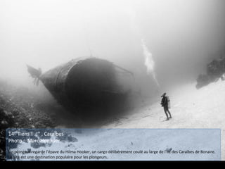 14 "Tiens ! …" , Caraïbes
Photo : Marc Henauer
Un plongeur regarde l'épave du Hilma Hooker, un cargo délibérément coulé au large de l'île des Caraïbes de Bonaire.
Le site est une destination populaire pour les plongeurs.
 