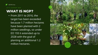 NJP-BRI Group
WHAT IS NGP?
• From 2011 to 2016, the
target has been exceeded
because 1.7 million hectares
have been planted with 2
million seedlings, so under
EO 193 it extended up to
2028 with the goal of
planting an additional 1.2
million hectares.
L E T ' S S U P P O R T N G P
 