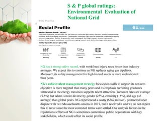 S & P global ratings:
Environmental Evaluation of
National Grid
NG has a strong safety record, with workforce injury rates better than industry
averages. We expect this to continue as NG replaces aging gas pipelines.
Moreover, its safety management for high-hazard assets is more sophisticated
than peers.
NG’s robust talent management strategy focused on skills to support its net-zero
objective is more targeted than many peers and its emphasis recruiting graduates
interested in the energy transition supports talent attraction. Turnover rates are average
(9.8%) but talent is more diverse by gender (25%), ethnicity (18%), and age (43
average) than global peers. NG experienced a costly ($362 million), protracted labor
dispute with two Massachusetts unions in 2019, but it resolved it and we do not expect
this to recur since the most contested terms were settled. Our analysis factors in the
reputational effects of NG’s sometimes contentious public negotiations with key
stakeholders, which could affect its social profile.
 