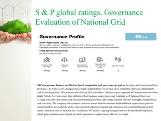 S & P global ratings. Governance
Evaluation of National Grid
NG’s governance features an effective board composition and governance practices that align with international best
practices. The board is very engaged and is highly independent (75% overall, most committee chairs are independent)
and diverse by gender (39% women) and ethnicity (8% non-white). Director origins represent NG’s operational territories
(eight British, five American), their skillsets reflect business needs, tenures are relatively well balanced (four-year
average with nine-year limits), and succession planning is robust. This helps maintain effective oversight, independence,
and continuity. The company also conducts extensive annual board evaluations and establishes improvement plans to
ensure members have relevant skills, with a tailored induction program and continuous development throughout their
tenure, which we view as best practice. In addition, NG ensures ongoing dialogue between the board and employees,
which gives members more insight into daily operations to support more effective oversight.
 