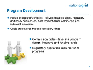 5
Program Development
 Result of regulatory process - individual  state’s  social,  regulatory  
and policy decisions for both residential and commercial and
industrial customers
 Costs are covered through regulatory filings
Commission orders drive final program
design, incentive and funding levels
Regulatory approval is required for all
programs
 