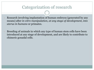 Categorization of research
- Research involving implantation of human embryos (generated by any
means) after in vitro manipulation, at any stage of development, into
uterus in humans or primates.
- Breeding of animals in which any type of human stem cells have been
introduced at any stage of development, and are likely to contribute to
chimeric gonadal cells.
 