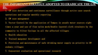 THE IMPORTANT STRATEGY ADOPTED TO ERADICATE THE GW
IS:
1. GW case detection and continuous surveillance through active case search
operations and regular monthly reporting
2. GW case management
3. Vector Control by the application of Tempos in unsafe water sources eight
times a year and use of fine nylon mesh/double layered cloth strainers by the
community to filter Cyclops in all the affected villages
4. Health education
5. Trained manpower development and
6. Provision and maintenance of safe drinking water supply on priority in GW
endemic villages
7. Concurrent evaluation and operational research
 