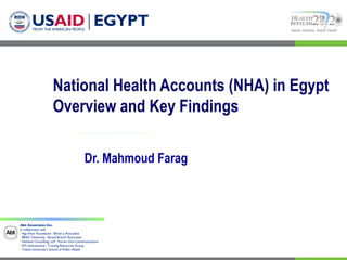 better systems, better health




                      National Health Accounts (NHA) in Egypt
                      Overview and Key Findings

                                           Dr. Mahmoud Farag



Abt Associates Inc.  
In collaboration with:
I Aga Khan Foundation I Bitrán y Asociados
I BRAC University I Broad Branch Associates
I Deloitte Consulting, LLP I Forum One Communications
I RTI International I Training Resources Group
I Tulane University’s School of Public Health
 