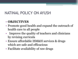 National health policy, population policy, ayush
