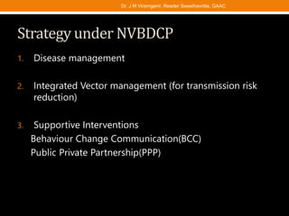 Strategy under NVBDCP
1. Disease management
2. Integrated Vector management (for transmission risk
reduction)
3. Supportive Interventions
Behaviour Change Communication(BCC)
Public Private Partnership(PPP)
Dr. J M Viramgami, Reader Swasthavritta, GAAC
 