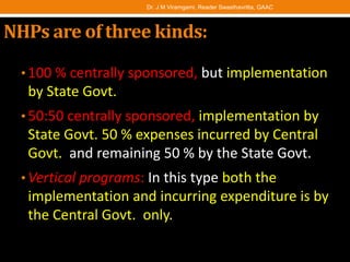 NHPs are of three kinds:
• 100 % centrally sponsored, but implementation
by State Govt.
• 50:50 centrally sponsored, implementation by
State Govt. 50 % expenses incurred by Central
Govt. and remaining 50 % by the State Govt.
• Vertical programs: In this type both the
implementation and incurring expenditure is by
the Central Govt. only.
Dr. J M Viramgami, Reader Swasthavritta, GAAC
 