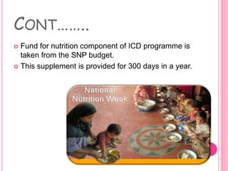 CONT……..
 Fund for nutrition component of ICD programme is
taken from the SNP budget.
 This supplement is provided for 300 days in a year.
 