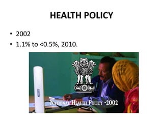HEALTH POLICY
• 2002
• 1.1% to <0.5%, 2010.
 