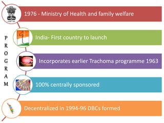 1976 - Ministry of Health and family welfare
India- First country to launch
Incorporates earlier Trachoma programme 1963
100% centrally sponsored
Decentralized in 1994-96 DBCs formed
P
R
O
G
R
A
M
 