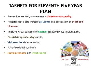 TARGETS FOR ELEVENTH FIVE YEAR
PLAN
• Prevention, control, management- diabetes retinopathy.
• Hospital based screening of glaucoma and prevention of childhood
blindness.
• Improve visual outcome of cataract surgery by IOL implantation.
• Paediatric opthalmology units.
• Vision centres in rural areas.
• Fully functional eye bank networks.
• Human resource and institutional capacity.
 