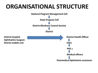 ORGANISATIONAL STRUCTURE
National Program Management Cell
State Program Cell
District Blindness Control Society
District
District hospital District Health Officer
Ophthalmic Surgeon
District mobile unit CHCs
PHC s
Medical officers
Paramedical Ophthalmic assistants
 